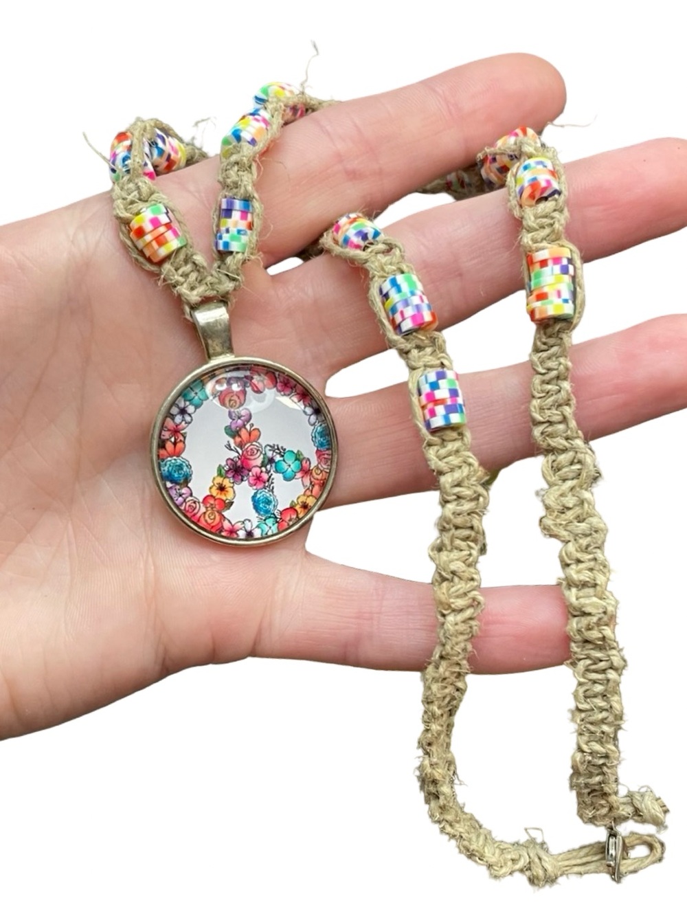 Handmade Boho Colorful Beaded Super Detailed Hemp Cord Flower Pendant Necklace